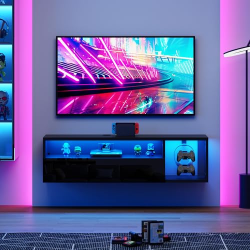 40-Inch Black Floating Wall-Mounted LED TV Stand with Lights - SogesPower