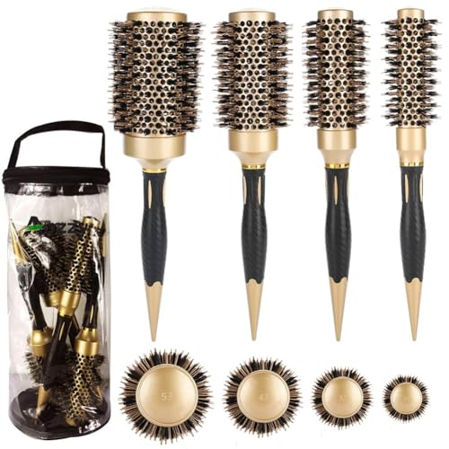Aozzy 4pc Gold Black Handle Boar Bristle Round Hair Brush Set for Blowouts & Styling