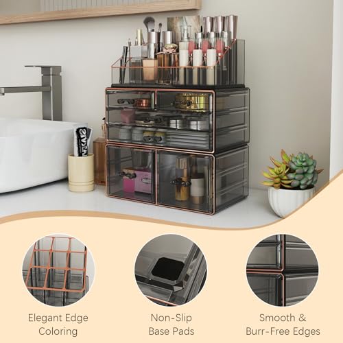 Delamu 3-Tier 6-Drawer Makeup Organizer Countertop Cosmetic Organizer for Dresser and Vanity Bathroom Organizers and Storage for Lipstick Brush Skincare Perfume, Nail Polish, Black with Gilded Borders