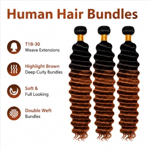 Biliisyff Ombre Deep Wave Human Hair Bundles 8-12 Inch T1B/30 Brown Variation
