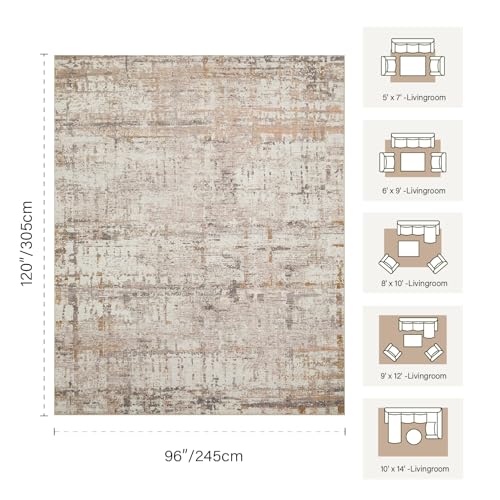 8x10 Beige Abstract Washable Area Rug - Neutral Modern Living Room Accent - Variation of Beige Grey