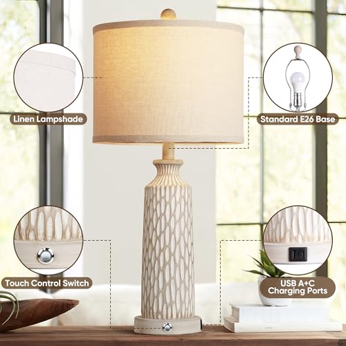 QiMH 26-Inch Farmhouse Table Lamps Set of 2 - Off-White Beige White Decor