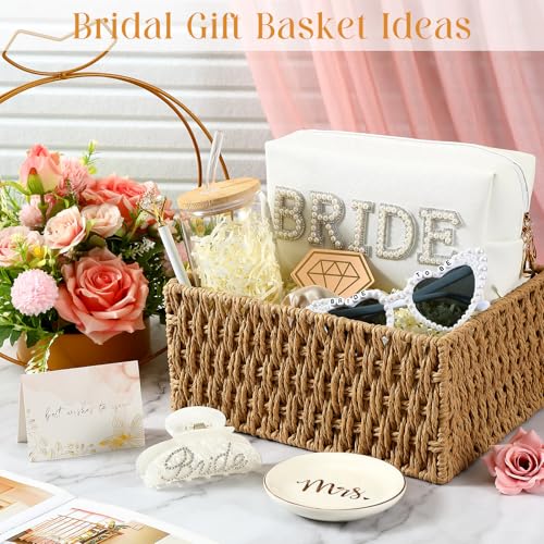 LemonRoad 11 Pcs Bride Gifts Basket Set for Bridal Shower Bachelorette Party Heart Glasses Glass Cup Makeup Bag Bracelet Claw Clip Scrunchies Card Bride to Be Box Wedding Engagement Gifts for Her