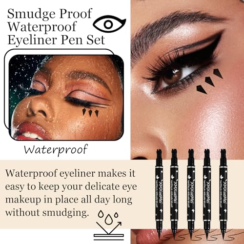 Double Side Liquid Winged Eyeliner Stamp,Smudge Proof Waterproof Eyeliner Pen Set,Long-Lasting Eye Liner Face Makeup,Star Flowers Hearts Triangle Black Eyeliner Stamp Pencil£¨5PCS£© A