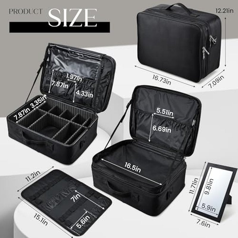 Adazzo Large Makeup Bag, 3 Layers 17¡± Makeup Case Organizer with Mirror Professional Cosmetic Storage Backpack Box Travel Artist Carrying Vanity Bags with Brush Slot/Shoulder Strap/Attach to Suitcase