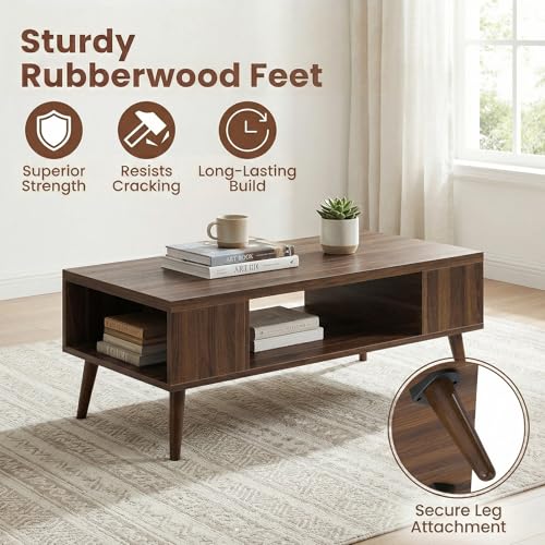 Mid Century Modern Walnut Coffee Table with Storage and Open Shelf