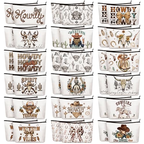 Western Makeup Bags Bulk Gift Set - 36 Canvas Cow Pattern Cosmetic Pouches - Western