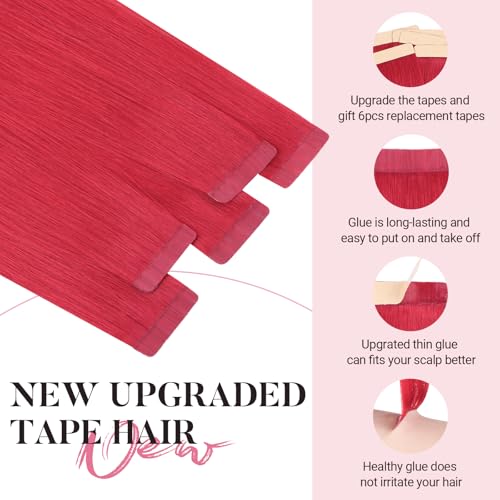 MAXITA Colored Hair Extensions Tape Ins - Highlighted Human Hair, 20 Inch, 10PCS, Red Hot Variation