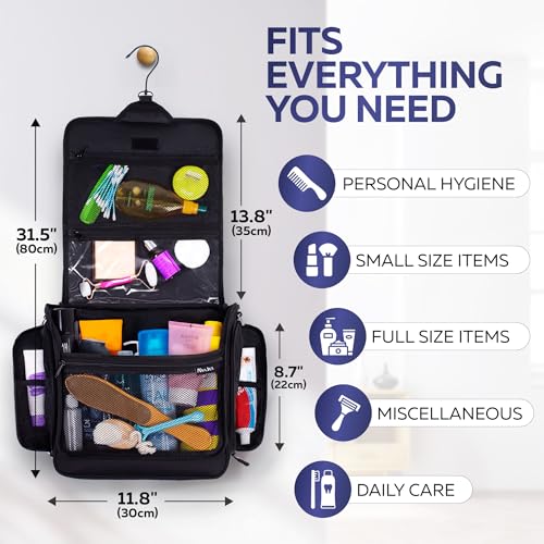 XXL Jet Black Hanging Travel Toiletry Bag for Men & Women - Waterproof with 19 Compartments