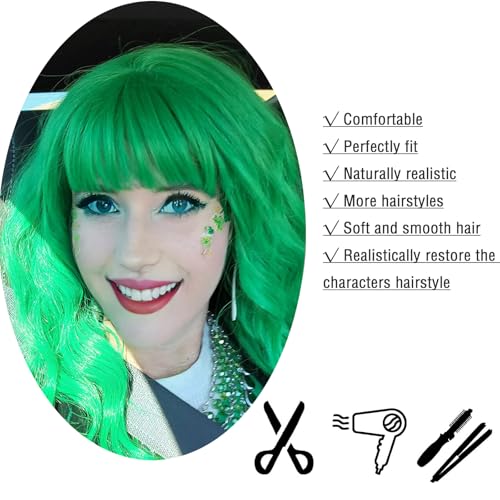 LABEAUTÉ Green Wavy Bob Wig with Air Bangs - 14 Inch Mint Green Cosplay Wig