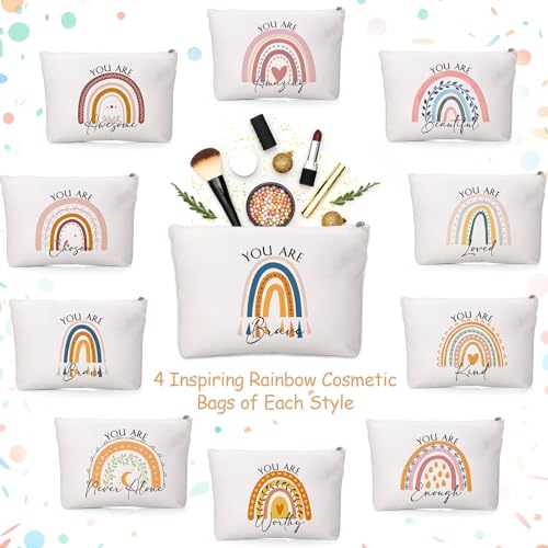 Coume 40 Pcs Rainbow Canvas Makeup Bags Bulk Gifts for Women Inspirational Quotes Cosmetic Bag Pouches with Zipper Employee Appreciation Gifts for Women Nurses Teacher Coworker Staff Group Office