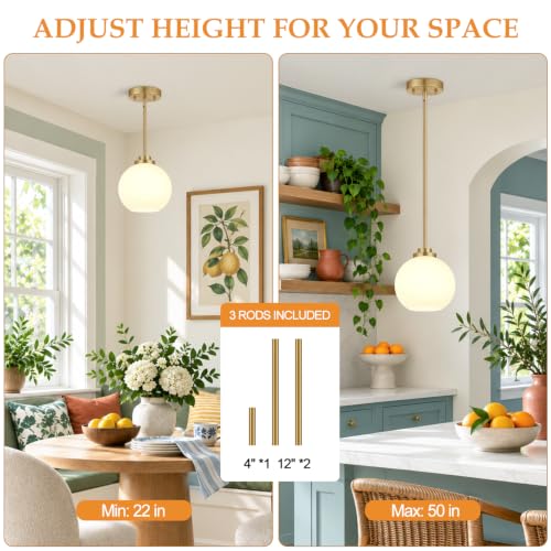 2 Pack Brushed Gold Globe Pendant Lights with Milky White Glass - Adjustable Kitchen Island Lights