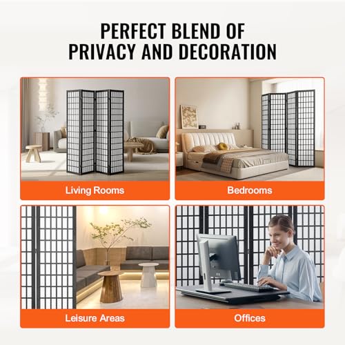 VEVOR 4 Panel Black Wooden Room Divider, Japanese Style Folding Privacy Screen for Home Office Bedroom