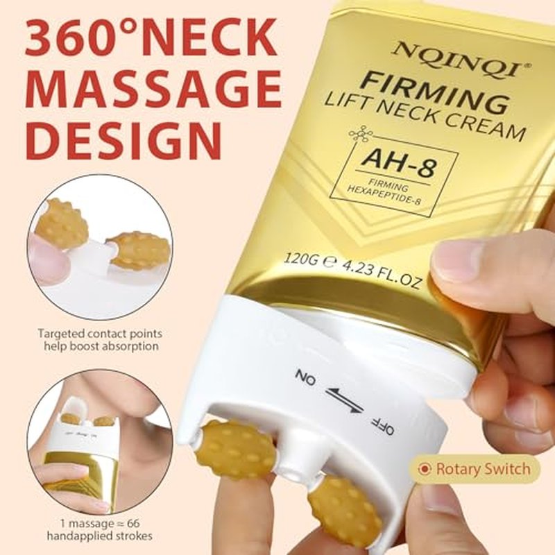 AH-8 Firming Neck Cream with Roller - Neck and Chest Firming Cream to Lift, Tighten & Smooth Sagging Skin, Reduce Wrinkles & Hydrate for Youthful Neck, 4.23 Fl Oz