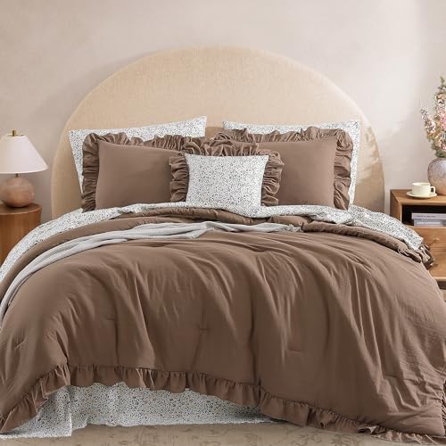 Amber Brown Queen Comforter Set with Ruffles & Floral Sheets - 7 Pieces