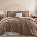 Amber Brown Queen Comforter Set with Ruffles & Floral Sheets - 7 Pieces