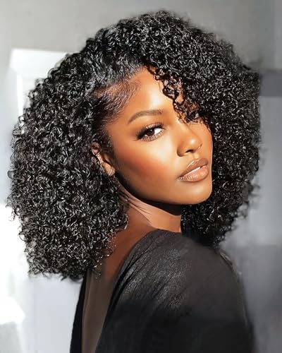 FACMOOD Kinky Curly Half Wig Human Hair 16 Inch 200% Density Glueless Headband Wig for Women - Beginner Friendly