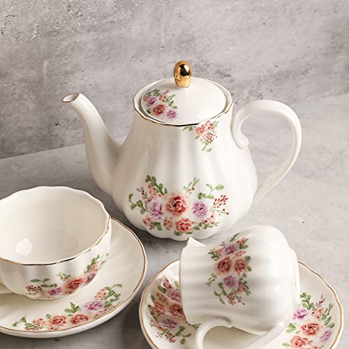 Rose Flower Porcelain British Royal Tea Set for 6 with Teapot & Accessories
