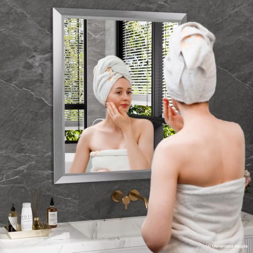 Amorho 24x30 Inch Silver Wall Mirror with Brushed Metal Frame - Bathroom & Home Decor