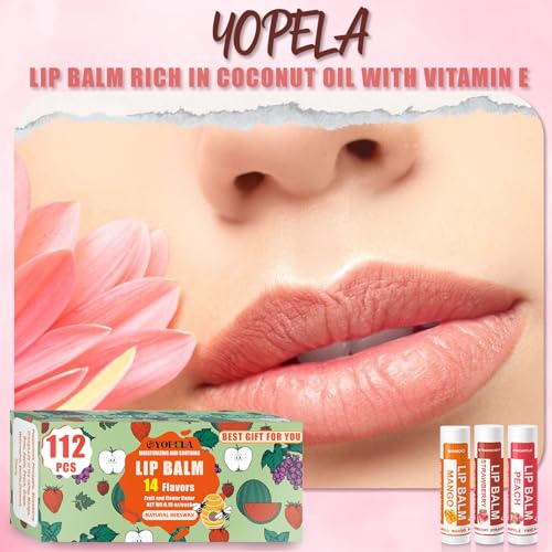 112 Pack Natural Lip Balm Bulk Set with Vitamin E & Coconut Oil - 14 Flavors, Moisturizing & Soothing
