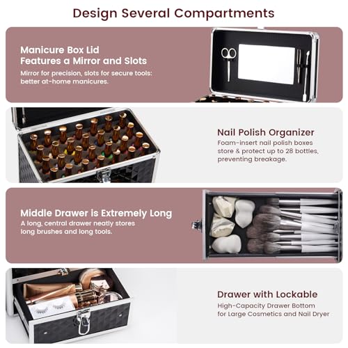 Frenessa Nail Polish Makeup Train Case with Drawer and Dividers Manicure Organizer Accessory Storage Makeup Box With Mirror Lockable Keys Nail Kit Organizer Cosmetic Case Jewelry Box - Black