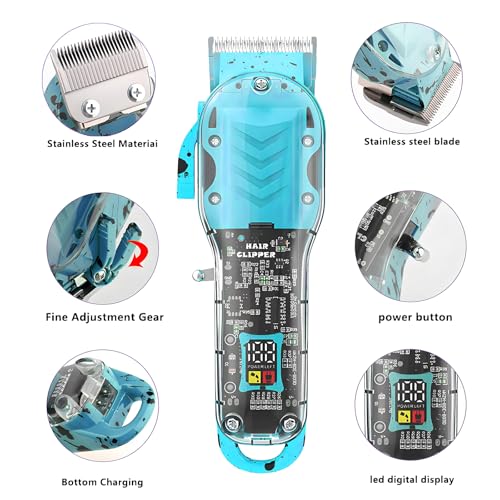 WAIKIL Hair Trimmer Kit for Men,Professional Barber Set for Hair Beard Trimmer,Quiet and Long-Lasting Charging,Transparent Rechargeable Bald Fade Clippers with LED Display (Blue)
