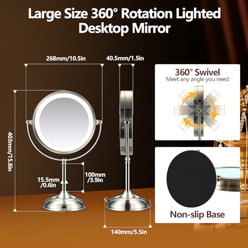 Silver 10X Lighted Makeup Mirror with 3 Color Modes & Adjustable Brightness
