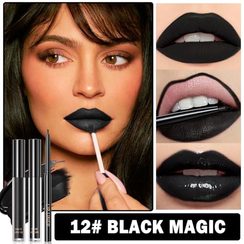 3 in 1 Black Lip Liner Pencil and Lipstick lipgloss Set Matte Black Lipstick Lip Gloss Kit Long-lasting Nonstick Cup Smudge Proof Lip Kits with Lip Liner,Velvet Goth Makeup (12#Black Magic)