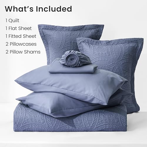 King Quilt Set with Sheets and Shams - Bluish Grey Coin Pattern, 7 Pieces, Love's Cabin