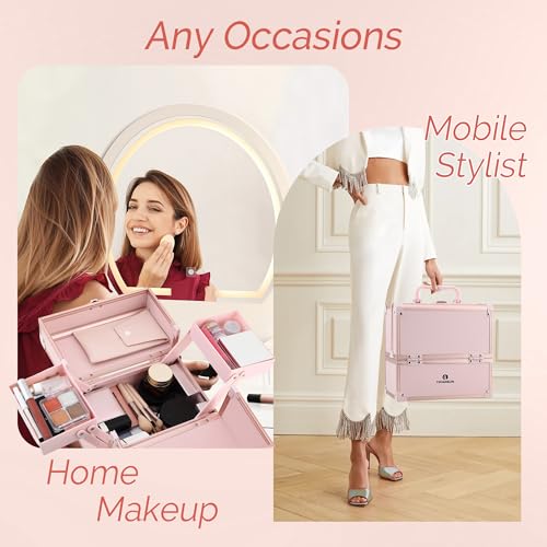 Makeup Train Case 2 Trays Makeup Box Organizer Portable Travel Makeup Case Lockable Makeup Storage Organizer Cosmetic Box for Jewelry Nail Tech Brushes Accessories Tool, Pink