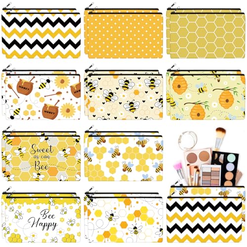 Sweetude 20 Pcs Bee Makeup Bags Funny Cosmetic Bags Stuff Bulk Zipper Canvas Bee Gifts Purse Toiletry Organizer for Women Birthday Party Favors, 7 x 4.3 Inches