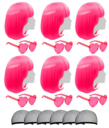 LIULIUBTY Hot Pink Short Bob Wig with Bangs & Heart Sunglasses 6Pcs Cosplay Halloween