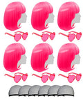 LIULIUBTY Hot Pink Short Bob Wig with Bangs & Heart Sunglasses 6Pcs Cosplay Halloween