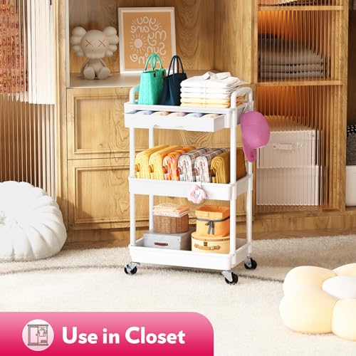 Makeup Cart Organizer with Drawers, Floor Skincare Organizers Vanity Storage Organizer, Rolling Makeup Bathroom Storage Cart Cosmetics Display Cases for Skin Care Perfume Nail Polish, White