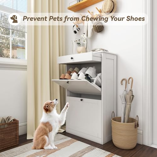 Medium White Shoe Cabinet with 2 Flip Drawers - Slim Modern Storage