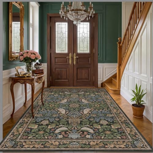 Dark Green 5x7 Vintage Floral Area Rug with Bird Motifs, Non-Slip, Low Pile
