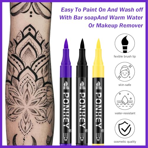 Ponhey Temporary Tattoo Markers for Skin, 12 Body Markers+67 Large Tattoo Stencils,Dual-End Tattoo Pens,Fine Lines with Cosmetic-Grade,Flexible, Skin-Safe Face Paint Kit for Teenage Adults