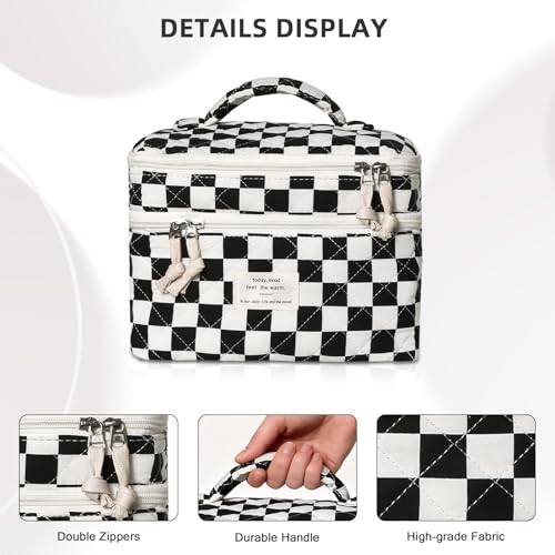 Gosect Large Capacity Quilted Makeup Bag - Black Checkered Travel Cosmetic Organizer for Women & Girls
