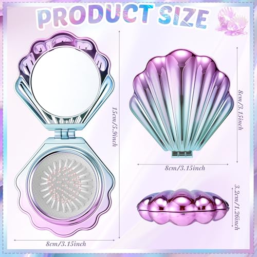 12 Pcs Mermaid Shell Hair Brush with Mirror - Gradient Color, Travel Foldable