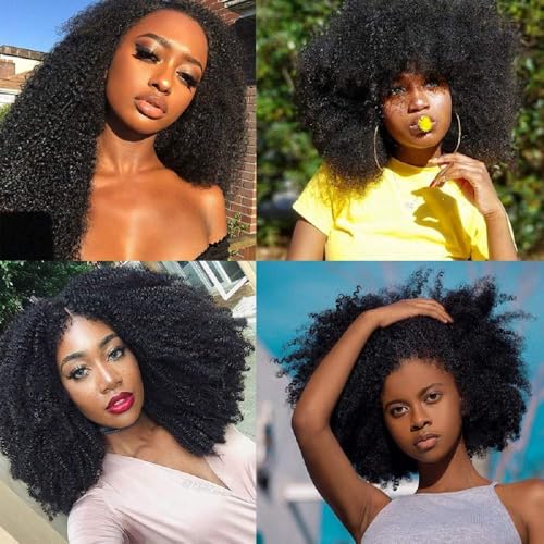 Afro Kinky Curly Human Hair Bundles 18 Inch Natural Color - Mongolian Style, 1 Bundle with Wig Cap & Eyelashes - Afro Curly Black