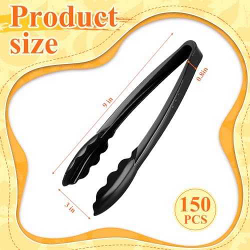 150 Pack Black Plastic Serving Tongs 9 Inch Disposable Kitchen Utensils