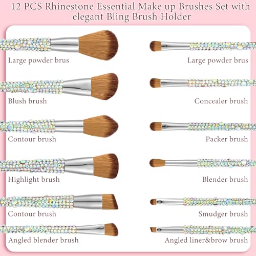 Silver & Yellow Rhinestone Makeup Brush Set - 13 Pcs Professional Cosmetic Tools