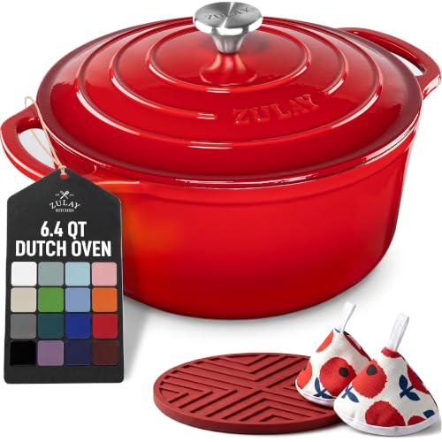 Zulay Kitchen 6.4Qt Enameled Cast Iron Dutch Oven with Lid – Ablaze Red, Oven Safe to 500°F