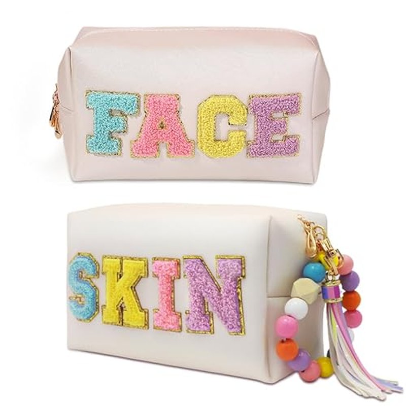 2 Preppy Patch Makeup Bag Chenille Letters Cosmetic Bag Personalized Initial Cute Face Skin Pu Leather Portable Waterproof Toiletry Bag with Keychain Travel Make up Bag for Women Teen Girls