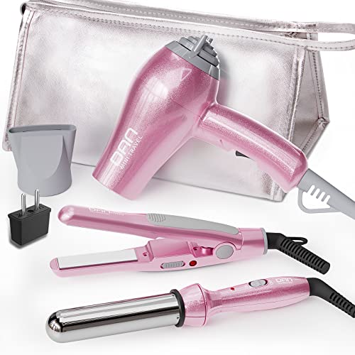 DAN Technology Pink Travel Hair Styling Set with Mini Flat Iron, Curling Iron & Dryer