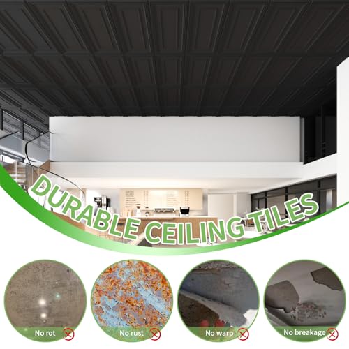 Large 2x4 ft Black PVC Ceiling Tiles - 12 Pack, Seamless Drop-In & Glue-Up Panels