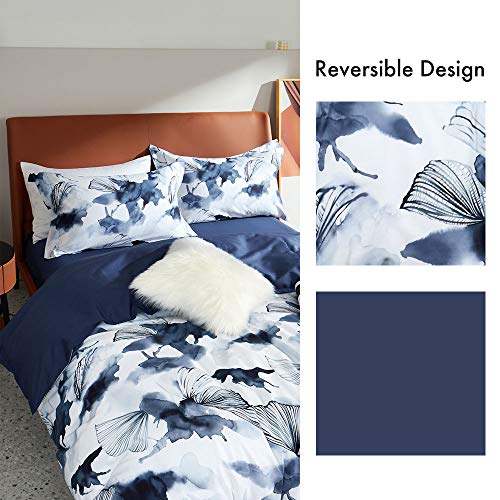 Navy Blue Queen Duvet Cover Set 3 Pieces Floral Spring Pattern Zipper & Ties