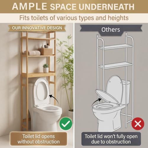 BAMBANG Natural Bamboo Over-the-Toilet 3-Tier Storage Shelf with Adjustable Height & Hooks