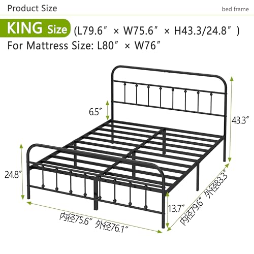King Size Metal Bed Frame - Black, Easy to Assemble, Heavy Duty Steel Support