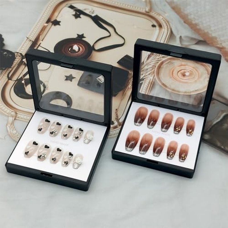 32 Pack Press On Nail Packaging Boxes 3D Floating Press On Nail Storage Box Nail Display Box with 90pcs Double Sided Adhesive Nail Display Tape for Nail Tech